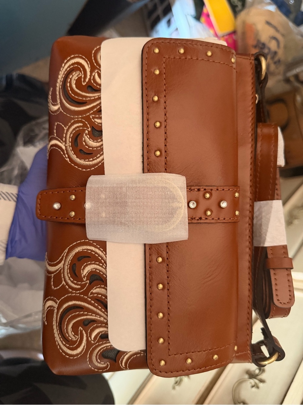 Patricia Nash Brown Embroidered Studded Leather Crossbody Bag